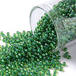Cuentas de semillas redondas toho, Abalorios de la semilla japonés, (947) color interior verde lima / verde opaco rayado, 11/0, 2.2mm, agujero: 0.8 mm, aproximamente 50000 unidades / libra