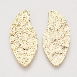 Brass Pendants, Nickel Free, Leaf, Real 18K Gold Plated, Bumpy, 39x17x1.5mm, Hole: 1.2mm