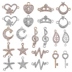 22Pcs Mixed Shape Alloy Pendant & Charm Connector, with Cubic Zirconia, Star Heart Leaf Charm for Jewelry Necklace Bracelet Earring Making Crafts, Golden & Silver, 24x9~16mm