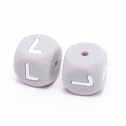 Perle di silicone, cubo con letter.l, grigio, 12x12x12mm, Foro: 2 mm