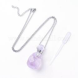 Natural Amethyst Openable Perfume Bottle Pendant Necklaces, with 304 Stainless Steel Cable Chain and Plastic Dropper, Bottle, Size: about 34~40 long, 15~20mm wide