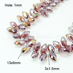 Plaquer des perles en verre à facettes en forme de larme, perles percées, de couleur plaquée ab , rouge violet pâle, 11.5~13x6mm, Trou: 1mm, Environ 100 pcs/chapelet, 16.5 pouce