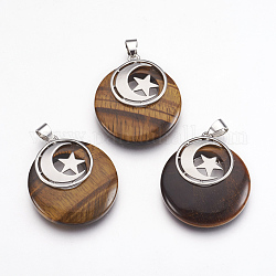 Natural Tiger Eye Pendants, with Platinum Tone Brass Findings, Flat Round with Moon and Star, 32x28x7mm, Hole: 4x5mm