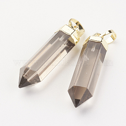 Pendentifs pointus de quartz fumé naturel, teints et chauffée, avec les accessoires en laiton, balle, or, 28~29x6~7mm, Trou: 4x6mm