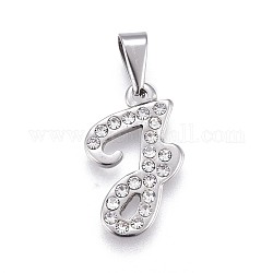 304 Stainless Steel Pendants, with Rhinestone, Letter, Letter.J, 22x13.5x2mm, Hole: 3~3.5x7.5~8mm