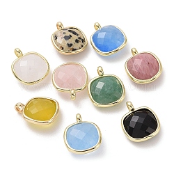 Gemstone Pendants, Faceted Square Charms, with Golden Plated Brass Edge Loops, 16.5x13x6mm, Hole: 2.2mm