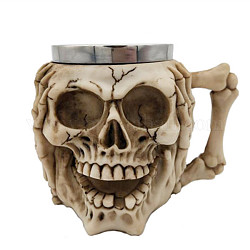 Taza de calavera de acero inoxidable halloween 304, taza de cerveza esqueleto de resina, para decoración del hogar regalo de cumpleaños, crema, 115x150x105mm, diámetro interior: 77 mm