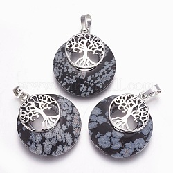 Natural Snowflake Obsidian Pendants, with Platinum Tone Brass Findings, Flat Round with Tree of Life, 32.5~33x27.5~28x5~6mm, Hole: 5x7mm