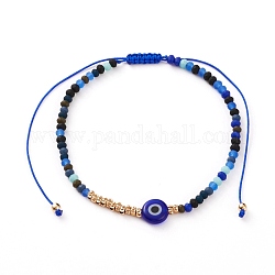 Bracelets réglables de perles tressées avec cordon en nylon, avec le mal de perles au chalumeau des yeux, perles de laiton texturées et perles de verre dépoli, bleu, diamètre intérieur: 2~4 pouce (5.2~10.2 cm)