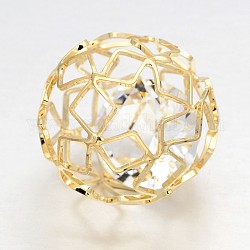 Cave filigrana perle di ottone rotondo, con evidenti perline diamantate vetro all'interno, oro chiaro, 28mm