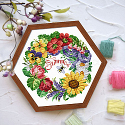 Kits pour débutants au point de croix, motif floral sur le thème de l'été, y compris le tissu et le fil à broder, aiguille, colorées, 370x370mm