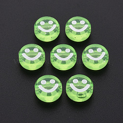 Transparent Acrylic Beads, with Glitter Powder, Flat Round with White Enamel Smile Face, Pale Green, 10x5mm, Hole: 2mm, about 1450pcs/500g