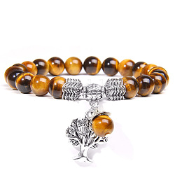 Bracelet extensible en perles d'oeil de tigre naturel avec breloques arbre de vie en alliage, 6-3/4~8-5/8 pouce (17~22 cm)
