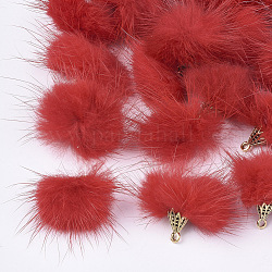 Décorations pendantes de pompon en fausse fourrure de vison, avec les accessoires en alliage, Or antique, rouge, 20~30x28~30mm, Trou: 1.8mm