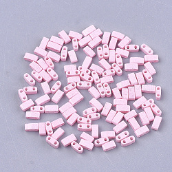 2-Loch-Backfarbe Glasperlen, Rechteck, rosa, 4.5~5.5x2x2~2.5 mm, Bohrung: 0.5~0.8 mm