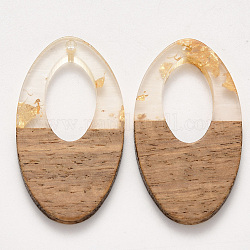 Colgantes de resina transparente y madera de nogal, con lámina de oro, encerado, oval, oro, 38x21x4mm, agujero: 1.6 mm
