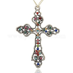 Tibetan Style Alloy Rhinestone Big Pendants, Latin Cross, Antique Silver, Colorful, 69x48x5mm, Hole: 3mm