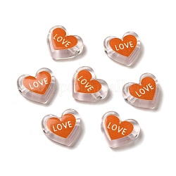 Perline acriliche trasparenti stampate, cuore con amore, arancione, 17.5x20x5mm, Foro: 3 mm