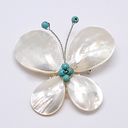 White Shell Brooches, with Gemstone Beads and Platinum Tone Brass Findings, Insect/Butterfly, Sky Blue, 45x44mm