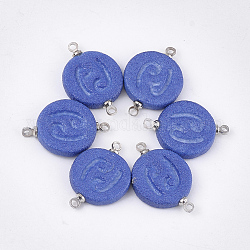 Conectores de eslabones de porcelana hechos a mano, esmerilado, con fornituras de latón, redondo y plano con la constelación, Platino, azul, cáncer, 22x15~15.5x3mm, agujero: 1.5 mm