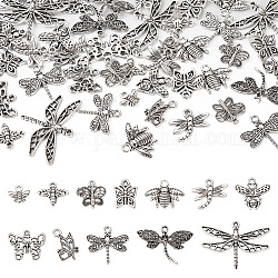 Colgantes de aleación de estilo tibetano pandahall 48pcs 12 estilo, libélula y abeja y mariposa, plata antigua, 10~25x10~35x1.5~3mm, agujero: 1.2~2.5 mm, 4 piezas / style