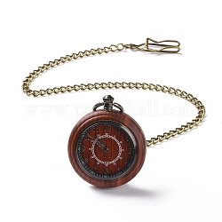 Orologio da taschino in legno di ebano con catena barbazzale e clip in ottone, orologio elettronico da uomo tondo piatto, marrone, 16-3/8~17-1/8 pollice (41.7~43.5 cm)