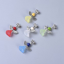 Transparent Frosted Acrylic Flower Pendants, with Tibetan Style Alloy Findings and Dyed Synthetic Turquoise Beads, Lovely Wedding Dress Angel Dangle, Mixed Color, 30~31mm, Hole: 2.8mm