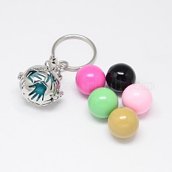 Brass Hollow Ball Cage Keychain, with Steel Split Rings and Random Color Spray Painted Brass Round Chime Beads, Lead Free & Nickel Free & Cadmium Free, Platinum, 86mm