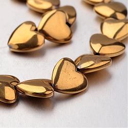 Chapelets de perles en hématite synthétique sans magnétique, cœur, plaqué or, 12x12x4mm, Trou: 1mm, Environ 38 pcs/chapelet, 15.7 pouce