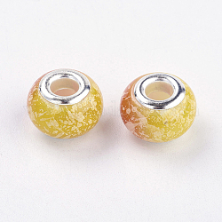 Perles européennes en verre, Perles avec un grand trou   , avec des noyaux de cuivre, rondelle, jaune, 14~15x10~11mm, Trou: 5mm