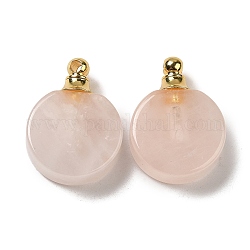 Natural Rose Quartz Perfume Bottle Pendants, Flat Round Charms with Golden Plated 304 Stainless Steel Findings, 27.5x20x7~7.5mm, Hole: 2mm