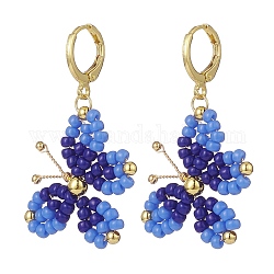 Glass Braided Butterfly Dangle Leverback Earrings, Gold Plated Brass Wire Wrap Jewelry for Women, Medium Blue, 42mm, Pin: 0.9mm