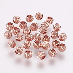 Brass Spacer Beads, Long-Lasting Plated, Corrugated Round, Rose Gold, 5x4mm, Hole: 2mm