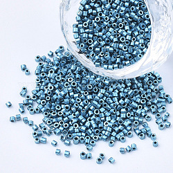 Perlas de cilindro de vidrio, abalorios de la semilla, colores metálicos, agujero redondo, acero azul, 1.5~2x1~2mm, agujero: 0.8 mm, aproximamente 8000 unidades / bolsa, aproximamente 85~95 g / bolsa