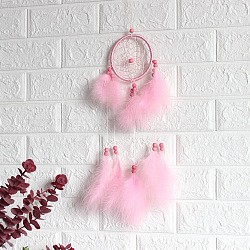 Polyester Woven Web/Net with Feather Wind Chime Pendant Decorations, with ABS Ring, Wood Bead, for Garden, Wedding, Lighting Ornament, Pearl Pink, 110mm