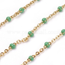 3.28 Fuß handgefertigte Emaille-Perlenketten, Messingkabelketten, langlebig plattiert, gelötet, golden, Frühlingsgrün, 1.5 mm