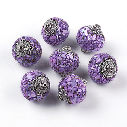 Perles Indonésiennes manuelles, avec les accessoires en métal, Plaqué de couleur argent antique, ronde, violet, 22x20.5mm, Trou: 1.5mm