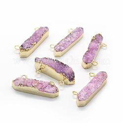 Pendenti di quarzo di druzy naturale, con accessori di ottone, rettangolo, oro, perla rosa, 11~13x32~34x6~14mm, Foro: 2 mm