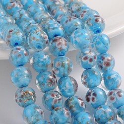 Handmade Gold Sand Lampwork Beads Strands, Round, Cyan, Size: about 12~13mm in diameter, hole: 1mm, about 30pcs/strand, 14inch