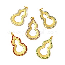 Rack Plating Alloy Rhinestone Pendants with Jump Ring, Gourd Charms, Matte Gold Color, Mixed Color, 42x25x2.5mm, Hole: 3.5mm