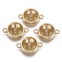 Glass Links connectors, with Light Gold Plated Alloy Findings, Flat Round with Flower, Goldenrod, 13.5x19.5x5.5mm, Hole: 1.6mm