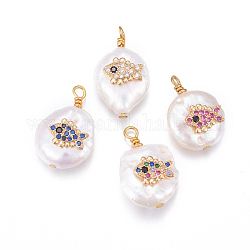 Natural Cultured Freshwater Pearl Pendants, with Brass Micro Pave Cubic Zirconia Findings, Nuggets with Fish, Golden, Mixed Color, 17~26x11~16x5~11mm, Hole: 1.6~2mm