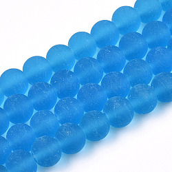 Chapelets de perles en verre transparente  , mat, ronde, bleu profond du ciel, 8~8.5mm, Trou: 1.5mm, Environ 51~53 pcs/chapelet, 14.96 pouce ~ 15.55 pouces (38~39.7 cm)