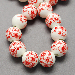 Ручной печатный шарики фарфора, круглые, красные, 12 мм, отверстие : 2 мм