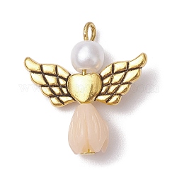Colgantes de resina imitación perla, Dijes de ángel rosa con alas de corazón de aleación chapadas en oro antiguo, crema, 23.5~24x22x6.5mm, agujero: 1.8~2.2 mm