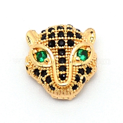 Latón micro pavé circonita cúbica negra y verde, accesorios de DIY para la fabricación de joyas, cabeza de leopardo, dorado, 11x11x6mm, agujero: 1 mm