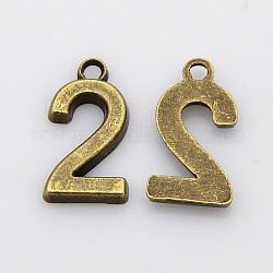 Rack Plated Zinc Alloy Number Charms, Lead Free & Cadmium Free & Nickel Free, Antique Bronze Metal Color, Num.2, 18x6~10x2mm, Hole: 2mm