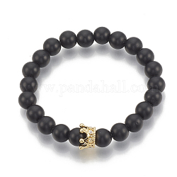 Synthetic Lava Rock Stretch Bracelets, with Brass Cubic Zirconia Findings, Crown, Clear, Golden, 1-3/4 inch(4.5cm)~2 inch(5cm)
