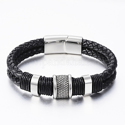 Braided Leather Cord Bracelets, with Antique Silver 304 Stainless Steel Findings, Magnetic Clasps, Stainless Steel Color, 8-1/4 inch(210mm), 12~16x5.5~12mm