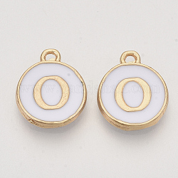 Golden Plated Alloy Charms, Cadmium Free & Lead Free, with Enamel, Enamelled Sequins, Flat Round with Letter, White, Letter.O, 14x12x2mm, Hole: 1.5mm